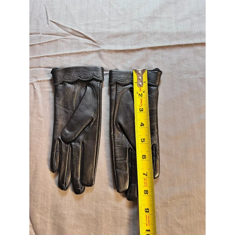 Gold‎ Crown Vintage Black Leather Scalloped Cuff Gloves Size 6.5 Womens Retro